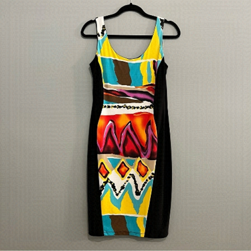 FRANK LYMAN Funky Tribal Art Retro Multi Color Bodycon Stretchy Cocktail Dress